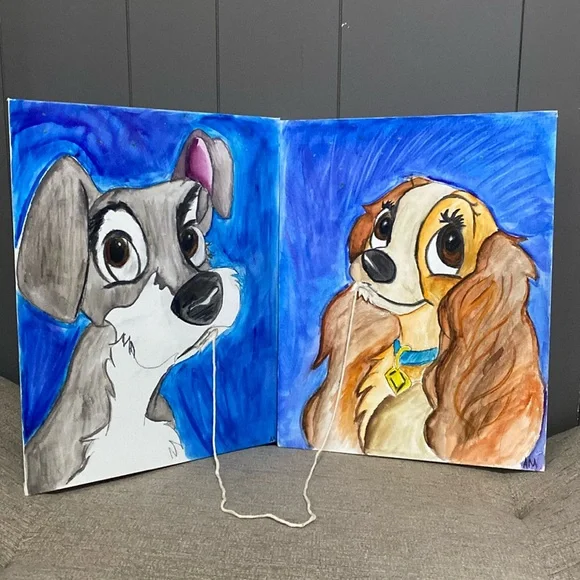 Lady and the Tramp hand painted watercolor on flat canvas 11”x14” - Picture 1 of 3